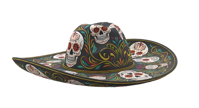 Ornate Sombrero With Skull And Floral Design On Transparent Background