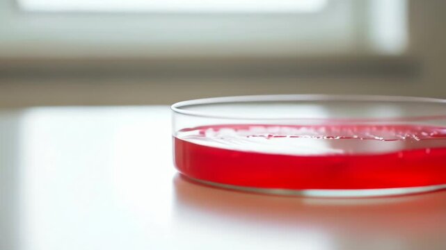 Close-up of a clear glass petri dish holding vibrant red agar or liquid, in a laboratory setting for scientific research