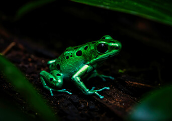 Naklejka premium glowing green poison frog in a dark underbrush