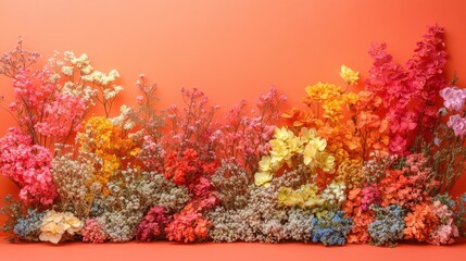 Vivid floral explosion colorful botanical arrangement on vibrant salmon background studio shot romantic aesthetic design floral beauty