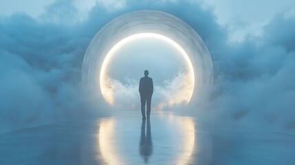Surreal Visionary Journey Silhouette of a Man Toward a Luminous Portal Enveloped in Dreamy Mist