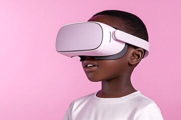 Young person wearing virtual reality headset against pink background