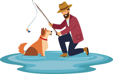 A fisherman and his dog catching fish on the river for t-shirt design vector.