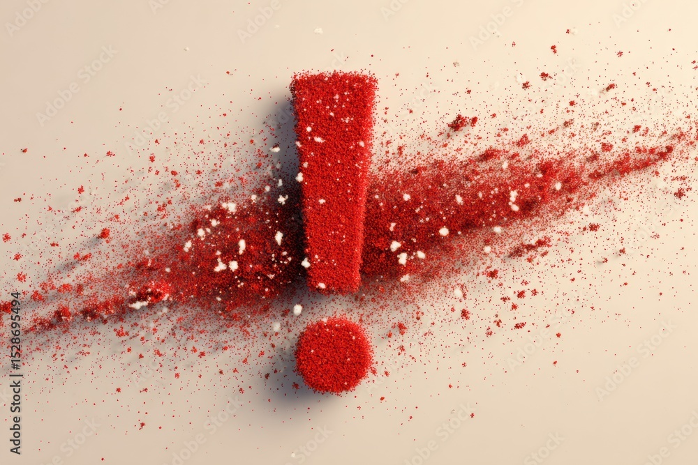 Poster bright red exclamation mark made from particles on a neutral background highlights urgency and atten