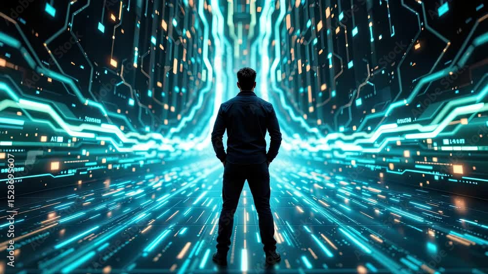 Poster futuristic digital concept with silhouette of person surrounded by glowing data streams in cyber env