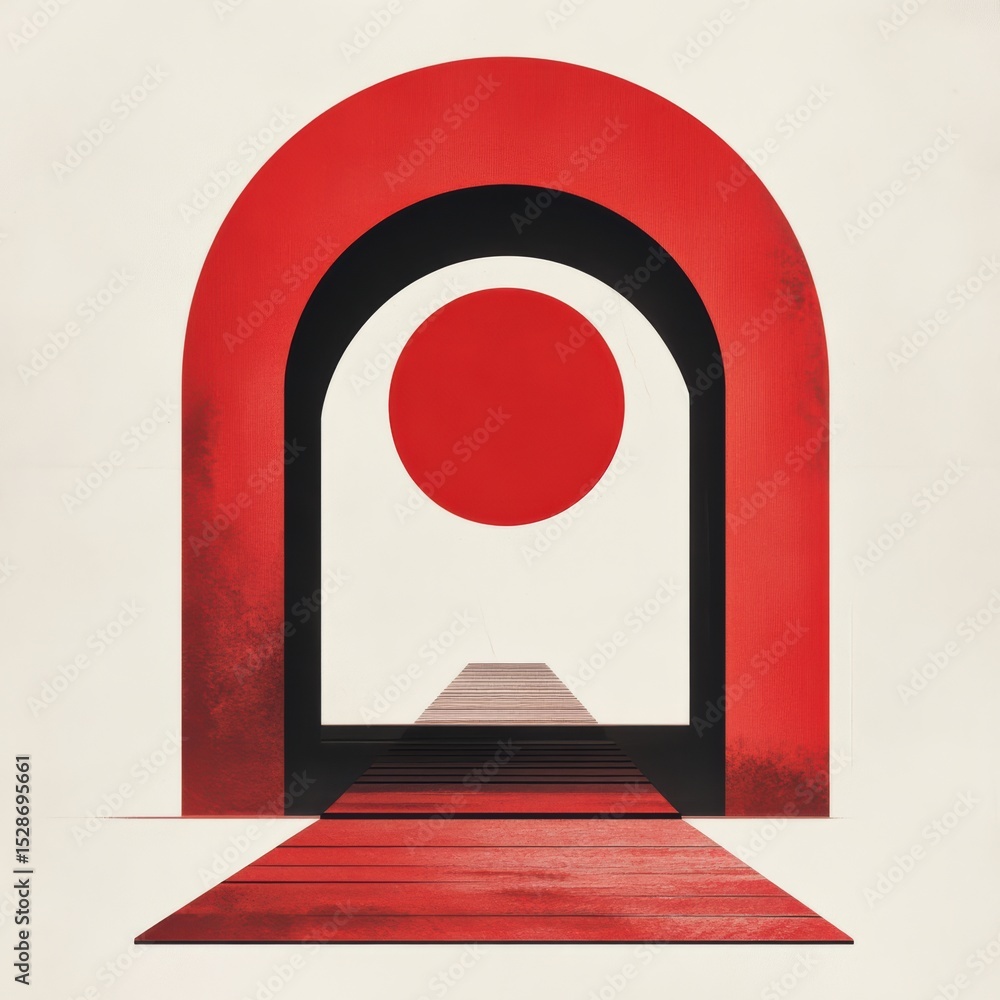 Poster abstract path through a bold red and black archway leading to a distant destination visual illusion