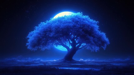 Illuminated moon shines behind majestic tree glowing in surreal night landscape tranquil dreamy background