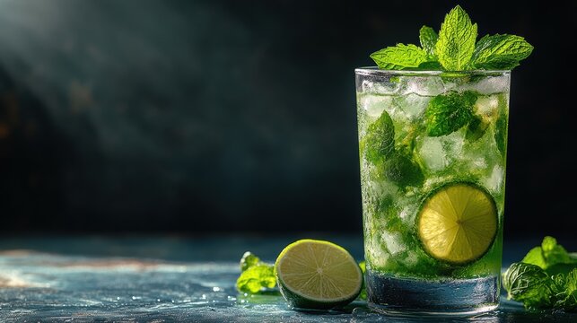 Refreshing mojito with lime and mint leaves in a glass for summer in dark blue background with sun beam