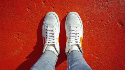 Stylish white sneakers on vibrant orange asphalt with light blue jeans and a captivating bird eye view