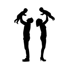 Mother and Father lifting their babies Silhouette Celebrating Father's Day silhouette icon vector flat design on white background