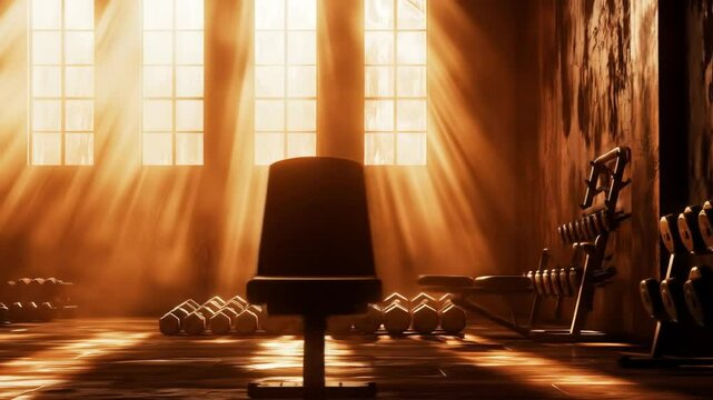 Sunlight streams into a vintage gym, illuminating weights and equipment.  Rows of dumbbells rest on the floor, and a weight bench is in place