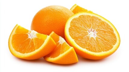 Juicy oranges, whole and sliced, isolated on white background.