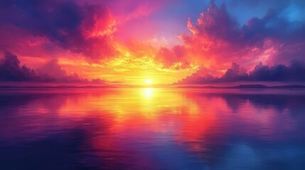 Fototapeta premium Vivid dreamy seascape with vibrant sunset colors reflecting on calm water creating a peaceful serene atmosphere