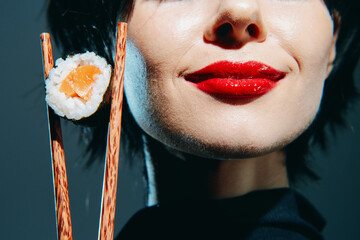 Woman with sushi and chopsticks, vibrant colors, joyful expression, showcasing Asian culture and dining experience, perfect for food and lifestyle imagery.