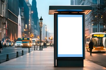 Blank Urban Bus Stop Advertisement Panel on Busy City Street