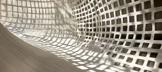 A curved wall of white squares creating interesting shadow patterns