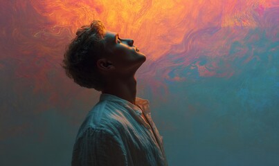 Naklejka premium A concept of calming rhythms and emotional balance, close up view of young man on abstract background. High quality