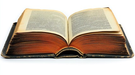 Obraz premium Antique book open, pages aged, white background, reading