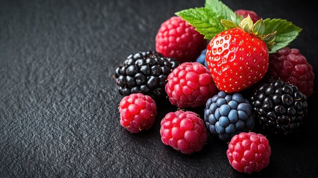 Delicious pile of vibrant fresh berries strawberry blackberry raspberry on a dark slate surface studio shot