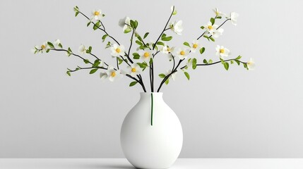 White flowers in a simple, elegant vase.  Small white blossoms with green leaves on branches, filling a round, white vase