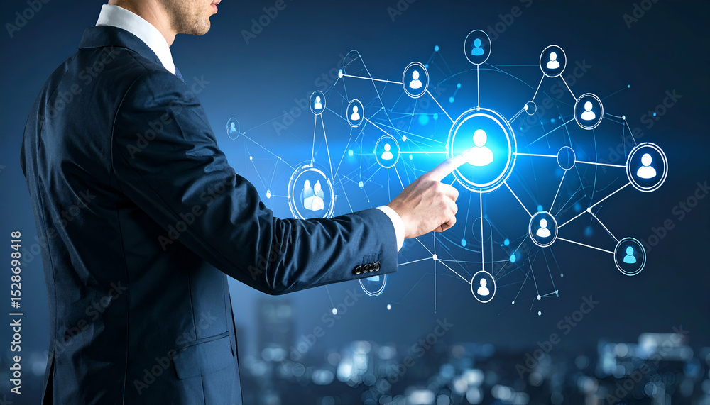 Poster connecting the dots a businessman navigating a network of digital connections