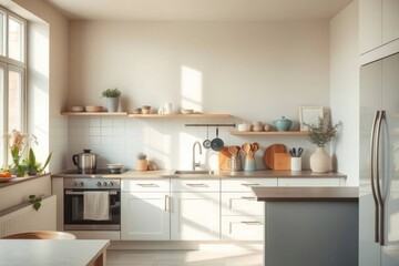 A kitchen featuring white cabinets wooden shelves and a grey island Natural light enters from a window