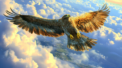 Majestic Eagle Soaring Above Clouds And Cityscape