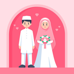Flat illustration of muslim wedding couple bride and groom