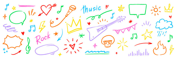 Music sketch heart star vector set. Fun doodle shape with comic crown, skull, fire, heart. Tattoo style graffiti line, chalk crayon marker stroke music sketch color elements. Vector illustration