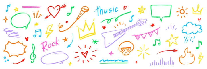 Fototapete Music sketch heart star vector set. Fun doodle shape with comic crown, skull, fire, heart. Tattoo style graffiti line, chalk crayon marker stroke music sketch color elements. Vector illustration © Polina Tomtosova