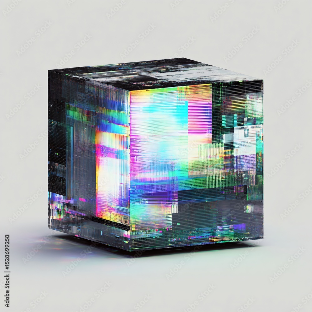 Poster a solitary cube refracts light into glitching digital patterns, casting prismatic shadows on the