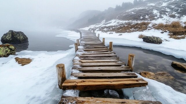 Wooden pier over frozen lake in a misty mountain landscape. Snow-covered banks and rocks surround the still water