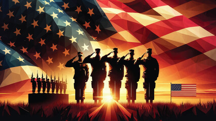 USA army soldiers saluting on a background of sunset or sunrise and USA flag