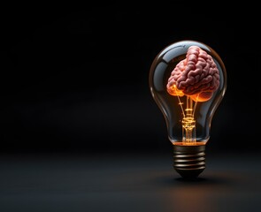 Artistic Concept of a Light Bulb Containing a Human Brain Representing Innovation, Ideas, and Creativity in a Dark Background
