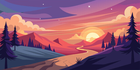 Fototapeta premium illustration of sunset breeze blowing across magical pine hill 