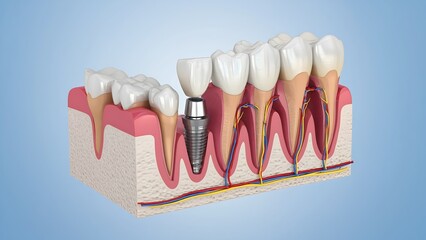 Dental Implant Illustration: An educational illustration showcasing the dental implant procedure, detailing the implant, abutment, and crown within the gum and bone structure.