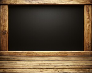 Rustic wooden frame encloses a dark chalkboard against a wood floor backdrop, providing a vintage, blank space ideal for text or images