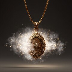 Intricate golden amulet necklace shimmers amidst a mystical particle burst on dark background