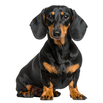 A black and tan dachshund dog sits facing forward with a curious and attentive expression