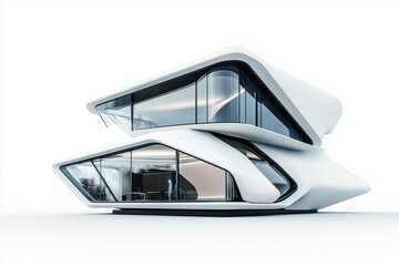 3d render of a modern building with luxury motor yachts and a high-speed train for sea and railway travel