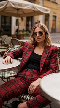 Woman in red plaid suit and sunglasses sitting at outdoor cafe table in european city setting posing