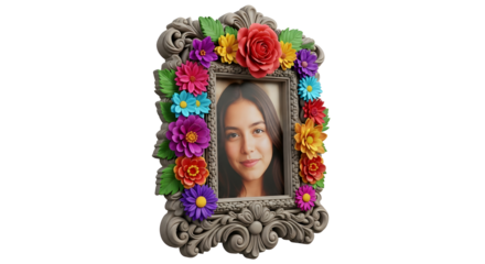 Portrait Of A Young Woman In Decorative Floral Frame On Transparent Background