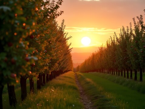 Idyllic apple orchard pathway in sunlit countryside landscape at sunset