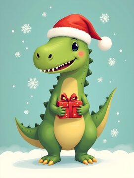 Cute Green Dinosaur Wearing Santa Hat Holding Christmas Gift Illustration