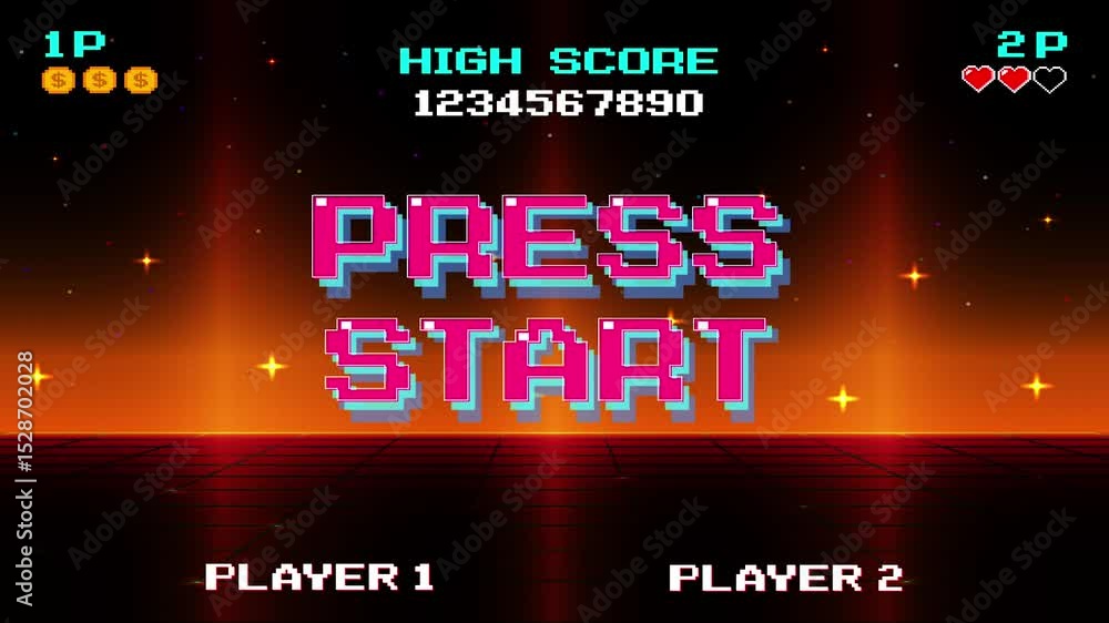 Aufkleber press start insert a coin to continue. pixel art. 8 bit game. retro game. for game assets .retro fut