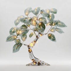 A futuristic robotic tree stands in isolation, its clear leaves aglow with a warm, internal light.