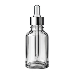 Clear glass dropper bottle with silver cap designed for skincare and essential oil applications, isolated on white background Transparent background or png