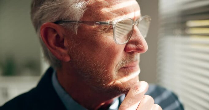 Window, serious and man with glasses, office and planning for financial growth, ideas and ambitious. Reflection, entrepreneur and mature person with vision for business, remember and opportunity