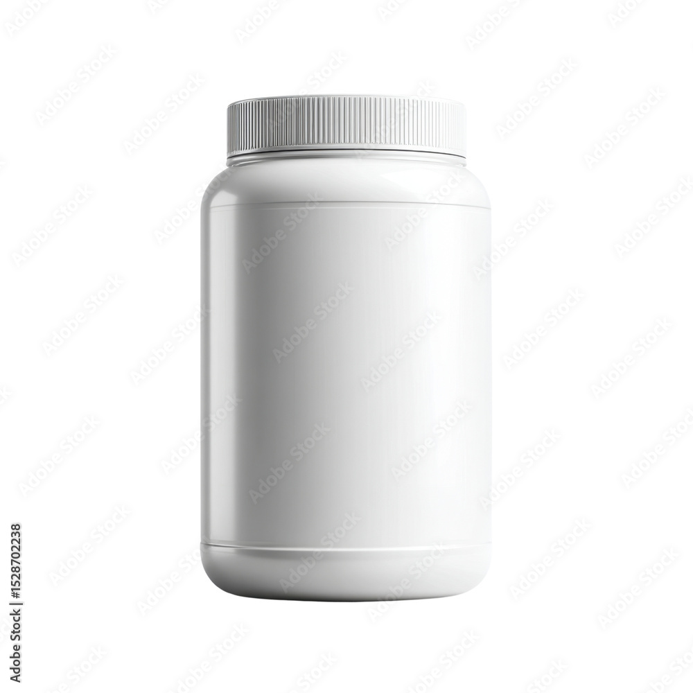 Poster clean and minimalistic white container for supplements or powders, perfect for branding and product 