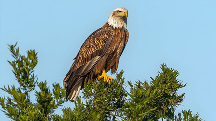 Obraz premium Bald Eagle Perched High in Tree Canopy Against Clear Blue Sky